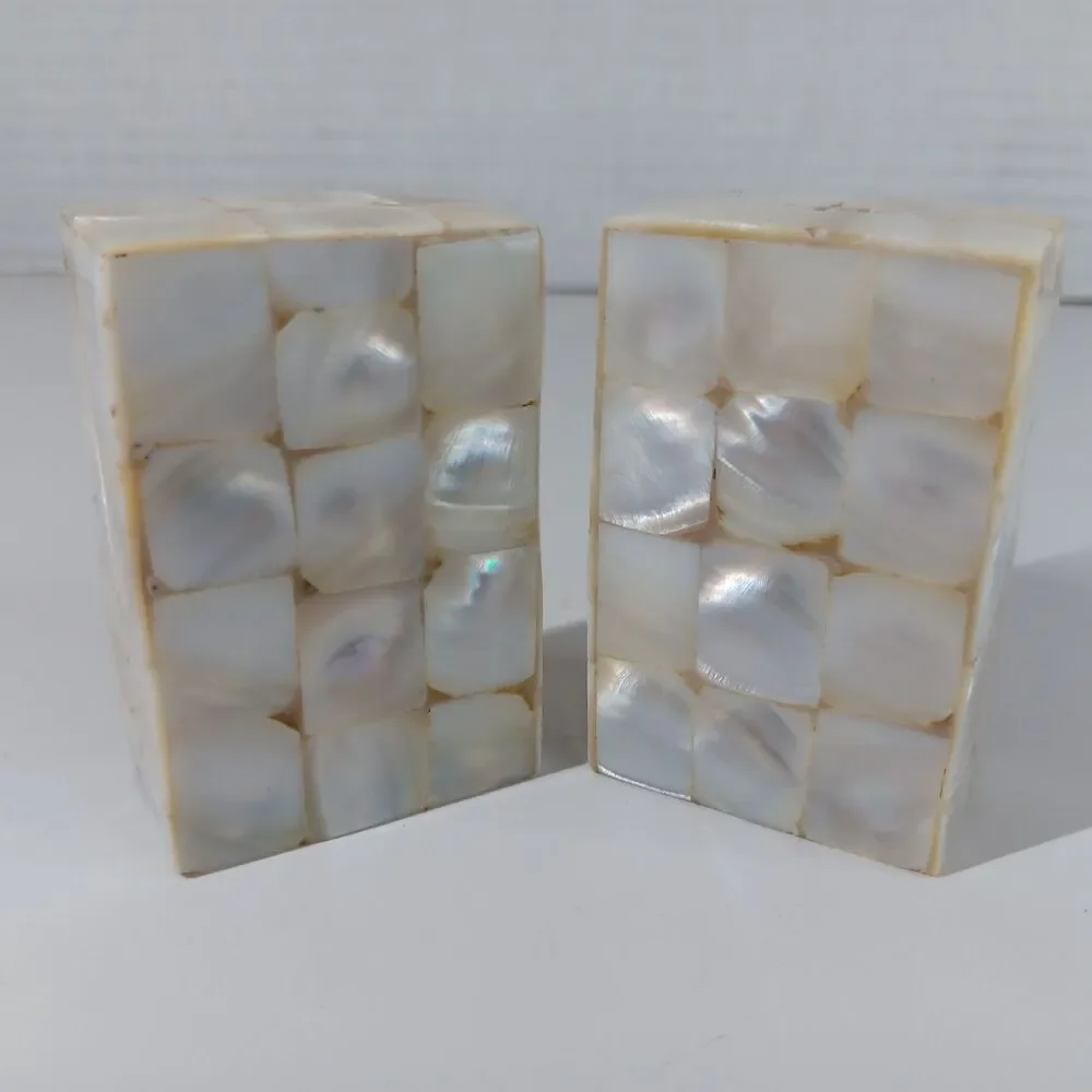 Vtg Mother Of Pearl Salt And Pepper Shakers Mosaic Block Iridescent Beach Decor
